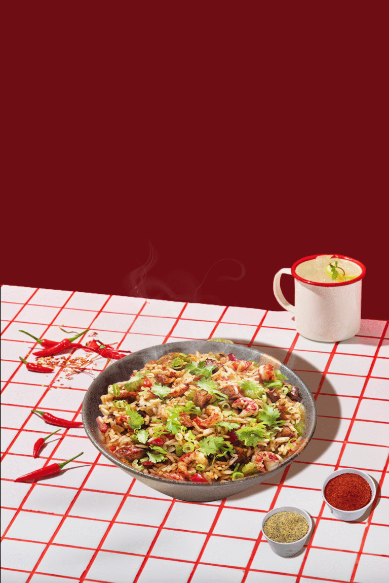 HOT CAJUN CRAWFISH FRIED RICE WITH FRESH SALMON ROE